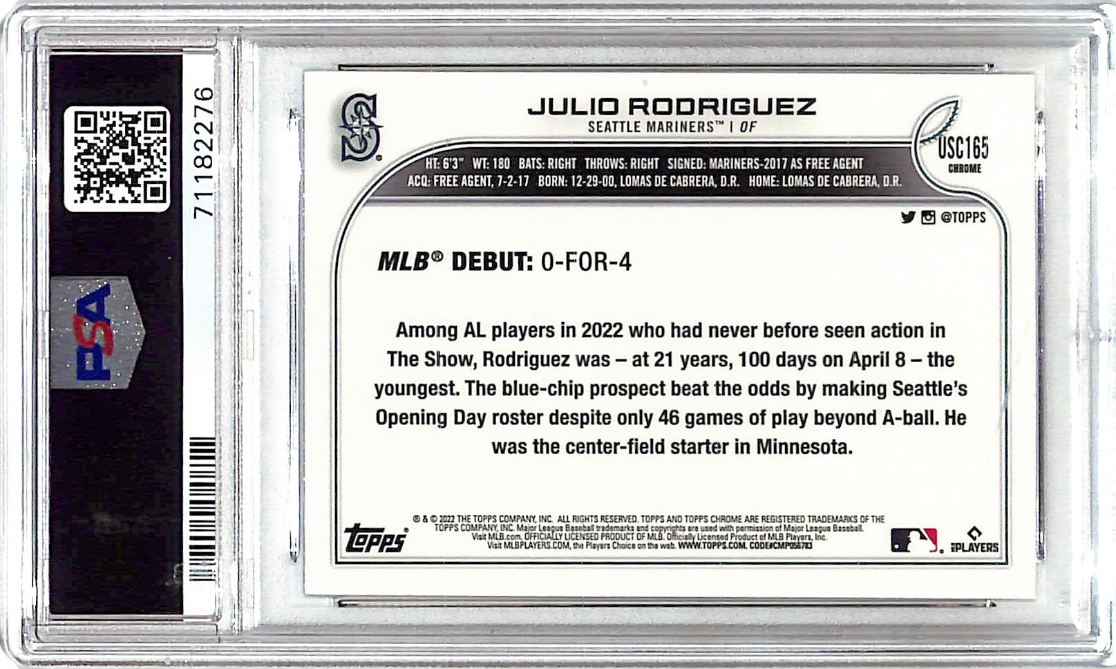 2022 Topps Chrome Update Julio Rodriguez Rookie RC Purple Refractor PSA 10 Mariners