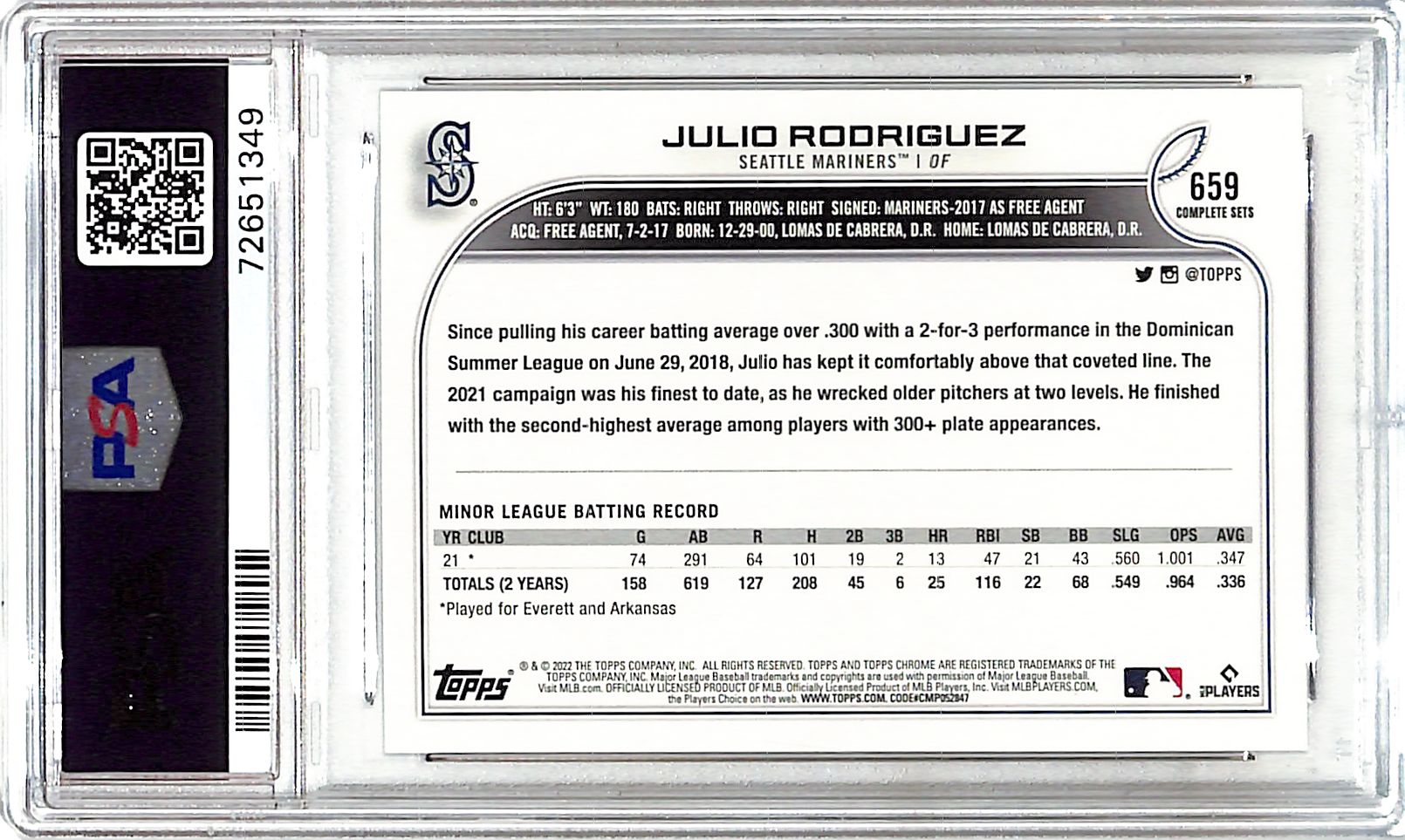 2022 Topps Complete Set Julio Rodriguez Rookie RC Variation PSA 10 Mariners