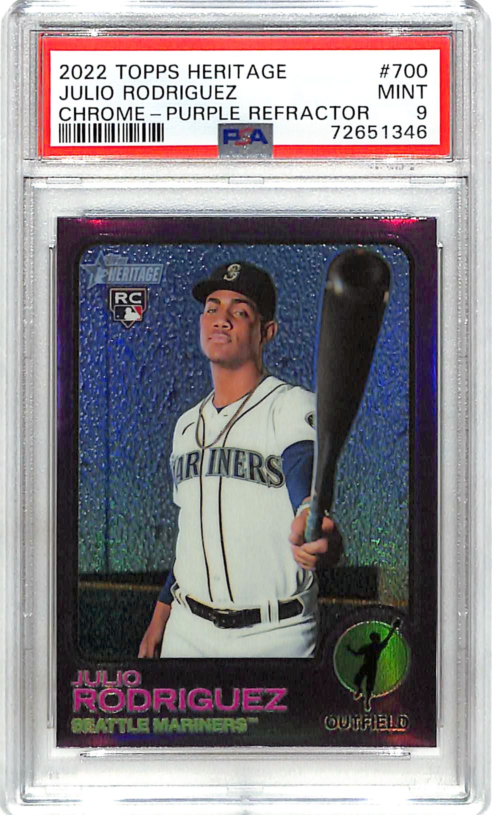 2022 Topps Heritage Julio Rodriguez Rookie RC Chrome Purple Refractor PSA 9 Mariners