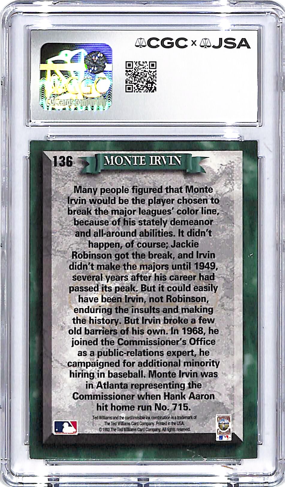 1993 Ted Williams Collection Monte Irvin Auto Autograph CGC Authentic Giants