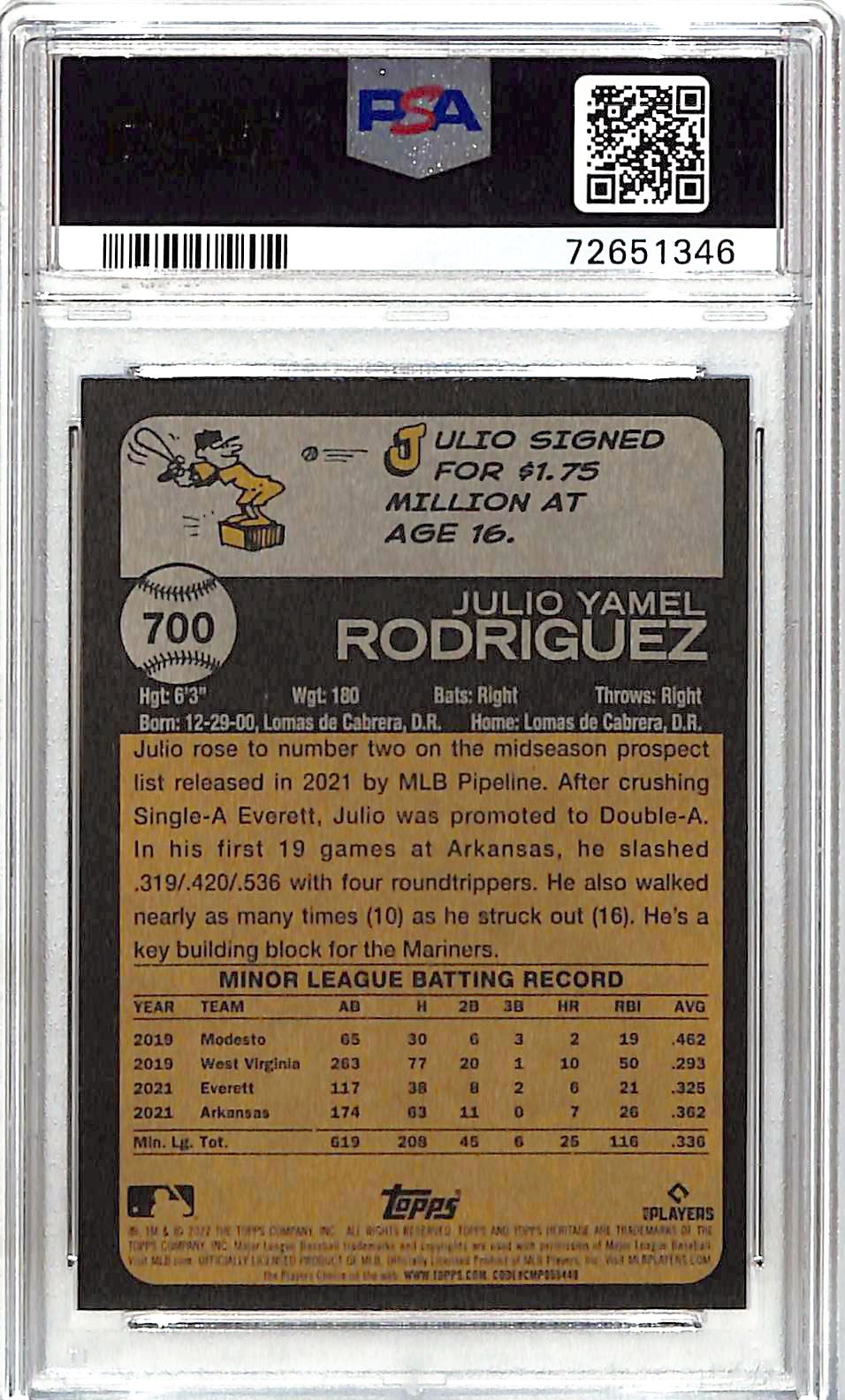 2022 Topps Heritage Julio Rodriguez Rookie RC Chrome Purple Refractor PSA 9 Mariners