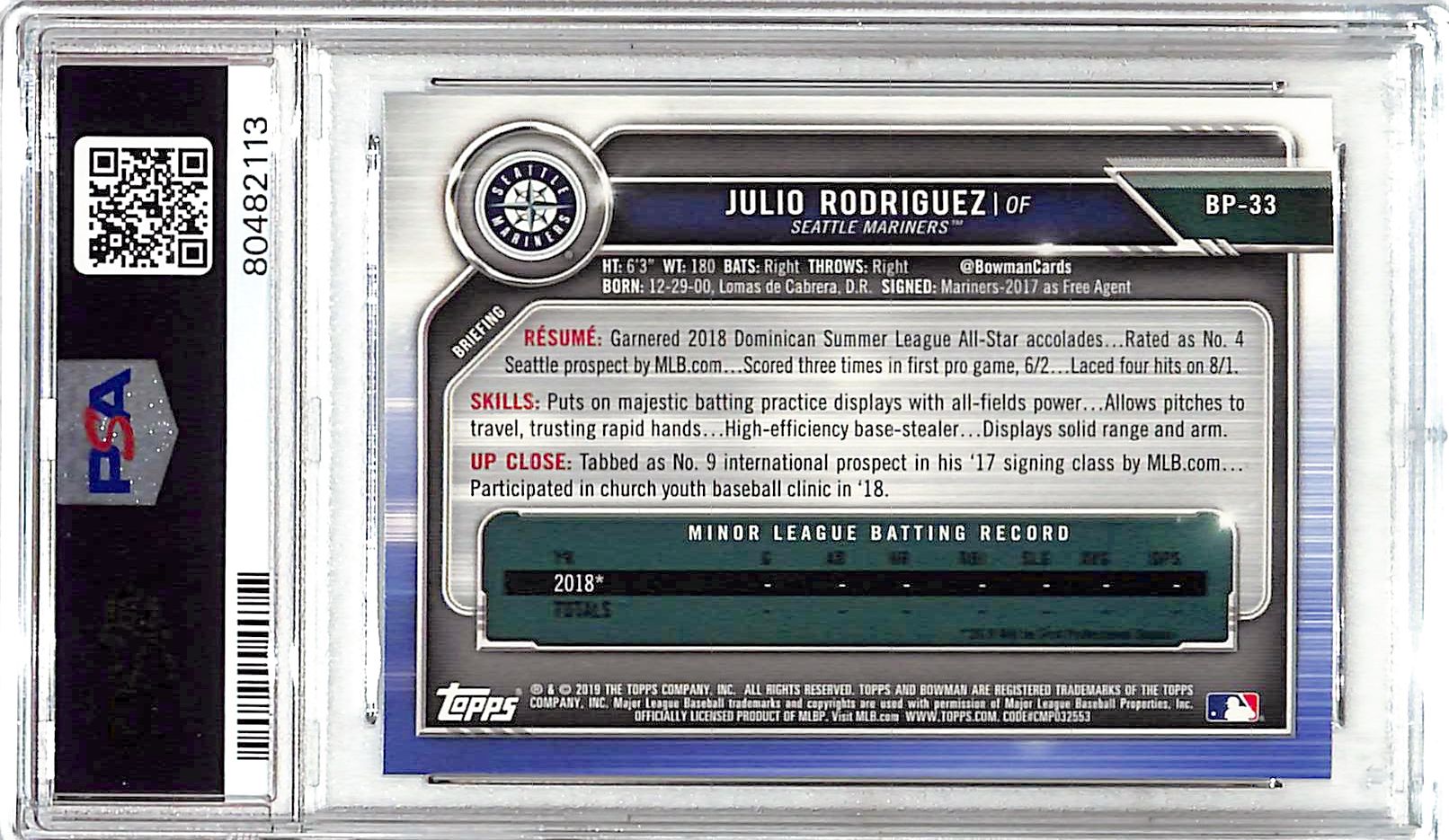 2019 Bowman Julio Rodriguez Rookie RC Prospect PSA 10 Mariners