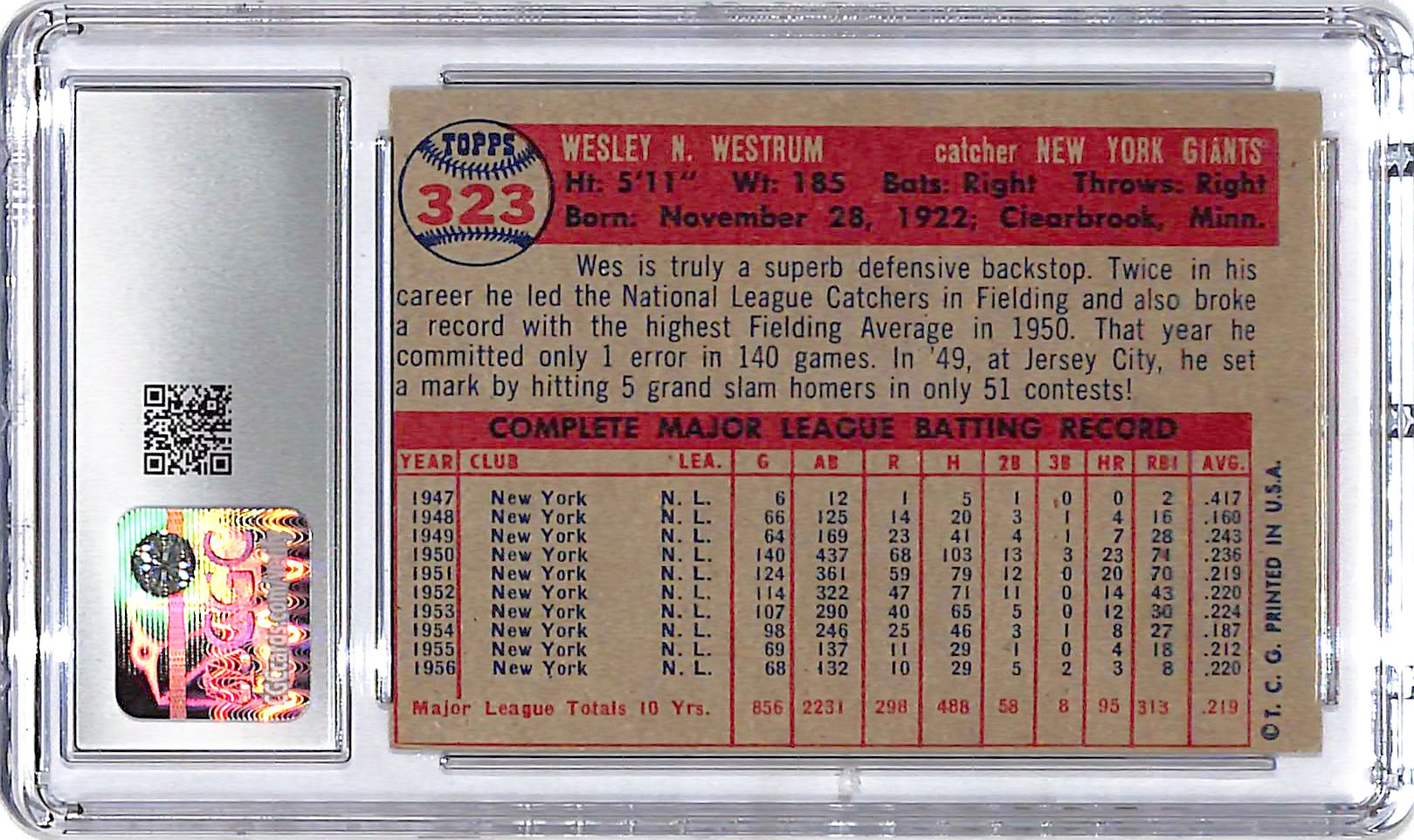 1957 Topps Wes Westrum #323 CGC 5.5 Giants