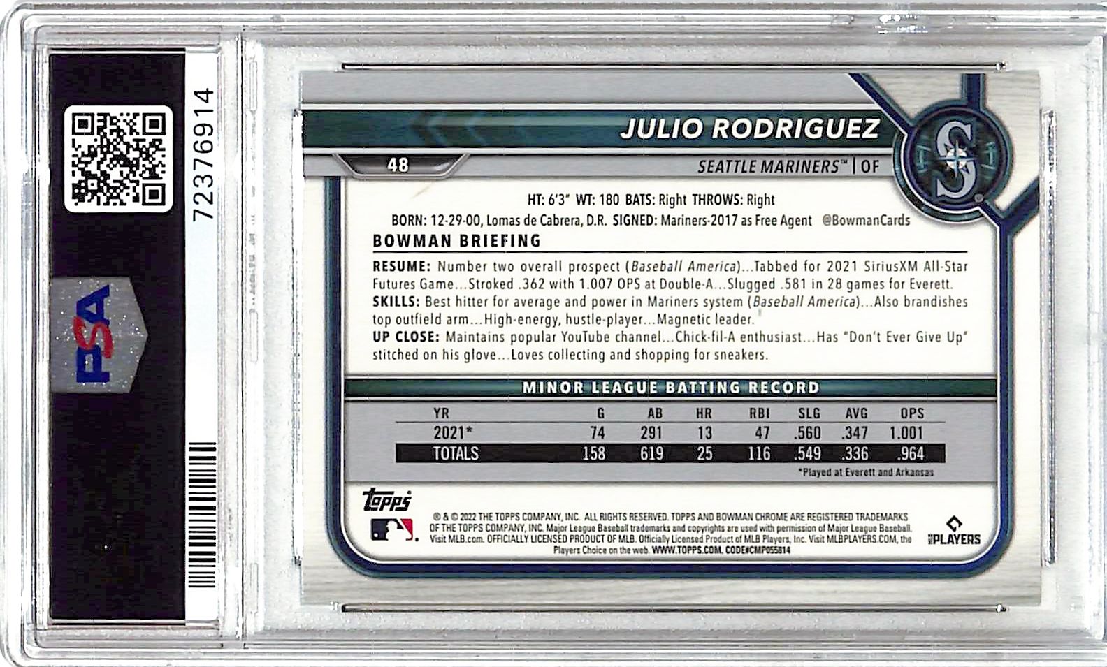 2022 Bowman Chrome Julio Rodriguez Rookie RC #48 PSA 10 Mariners