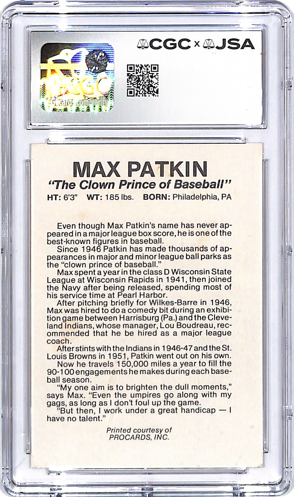 1999 ProCards Max Palkin The Clown Prince of Baseball Auto Autograph CGC Authentic