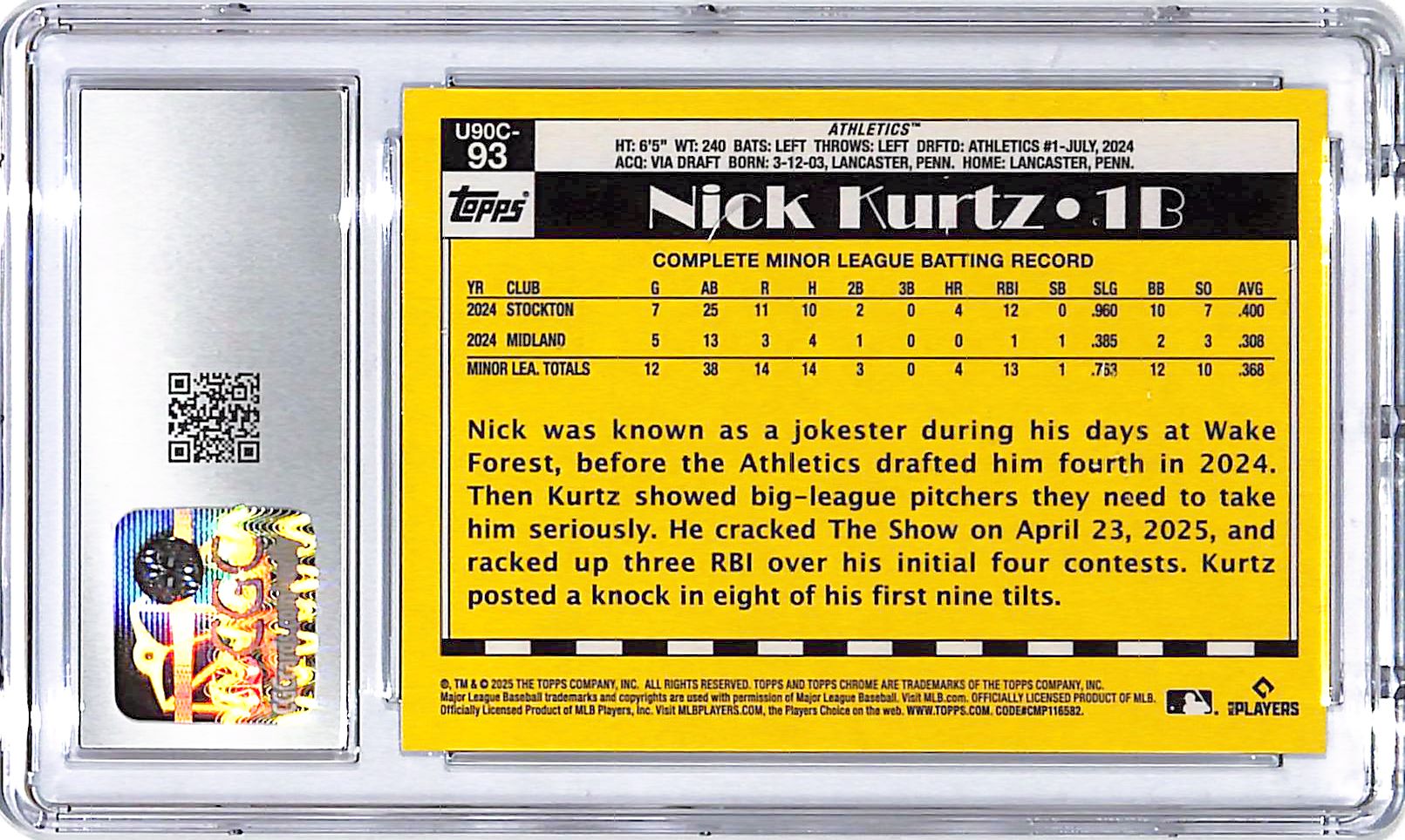 2025 Topps Update Nick Kurtz Silver Pack Rookie RC CGC 9.5 Athletics