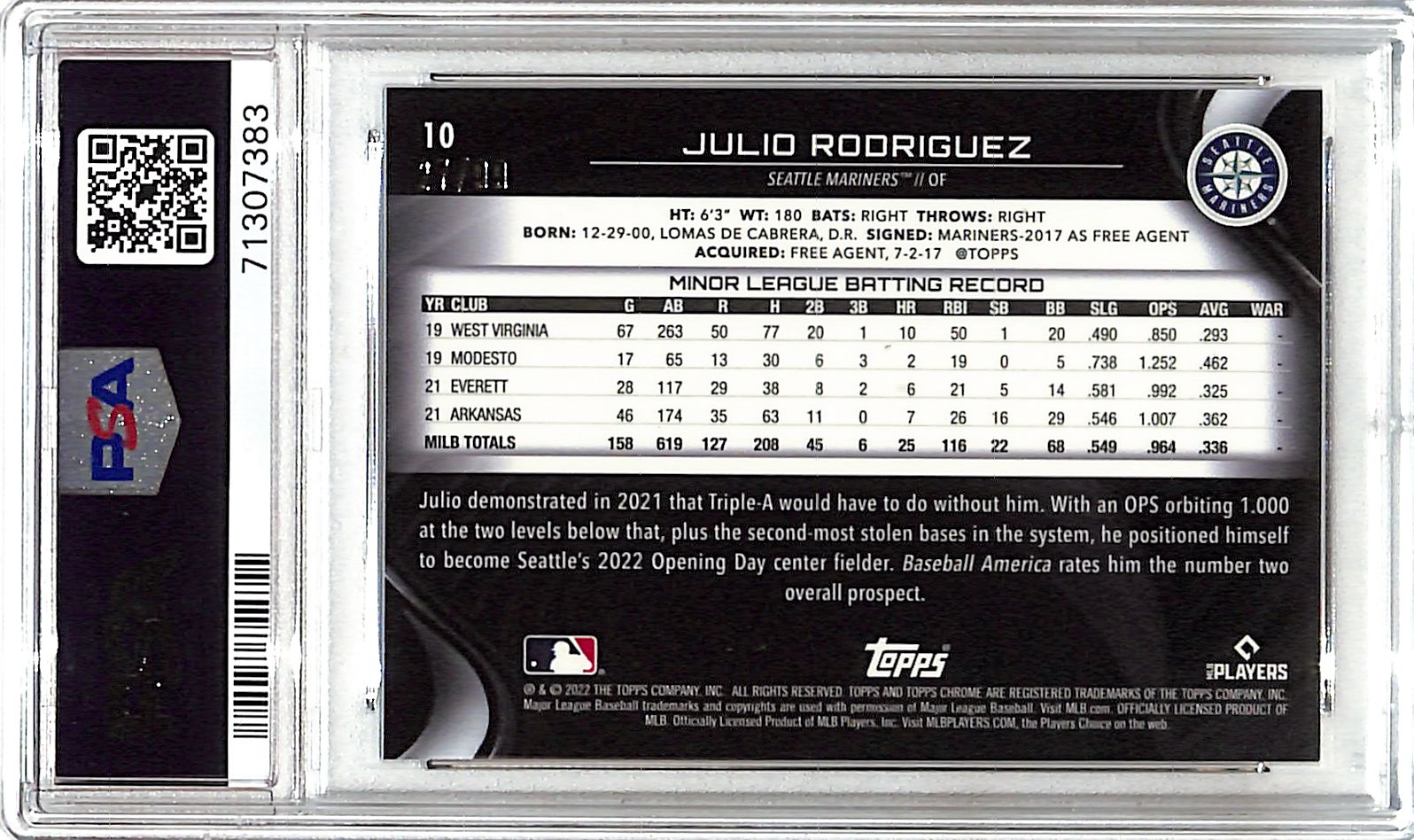 2022 Topps Chrome Black Julio Rodriguez Rookie RC Green Atomic Refractor /99 PSA 10 Mariners