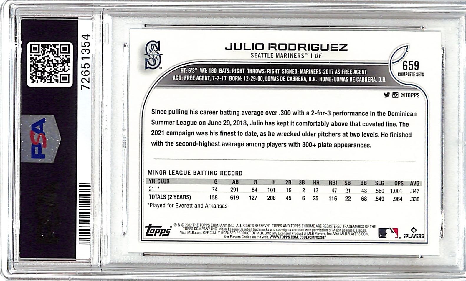2022 Topps Complete Set Julio Rodriguez Rookie RC Variation PSA 9 Mariners