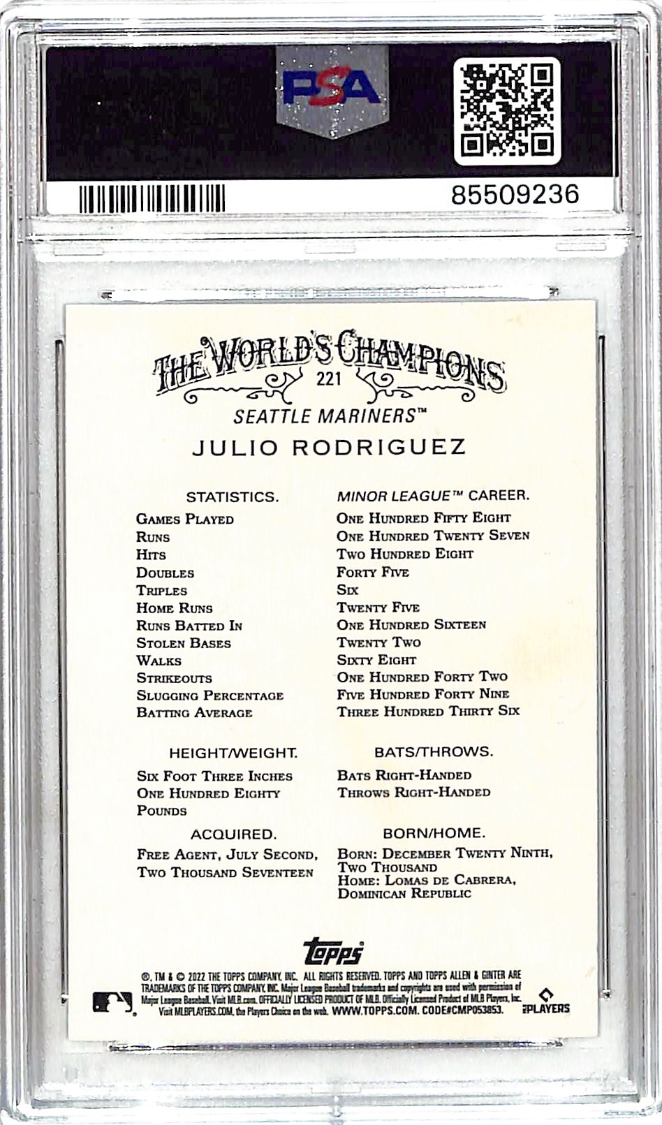 2022 Topps Allen and Ginter Julio Rodriguez Rookie RC Silver Portrait PSA 9 Mariners