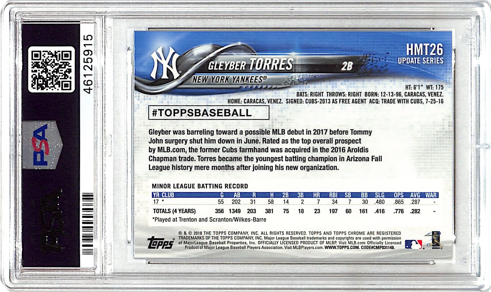 2018 Topps Chrome Update Gleyber Torres Rookie RC HMT26 PSA 10 Yankees