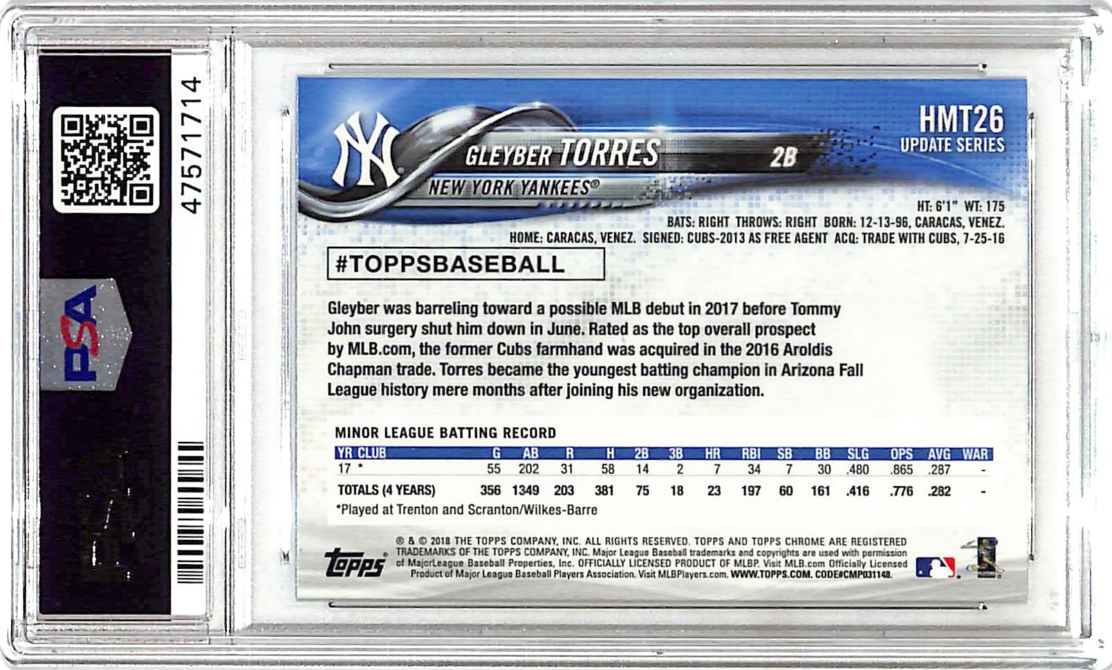 2018 Topps Chrome Update Gleyber Torres Rookie RC HMT26 PSA 10 Yankees