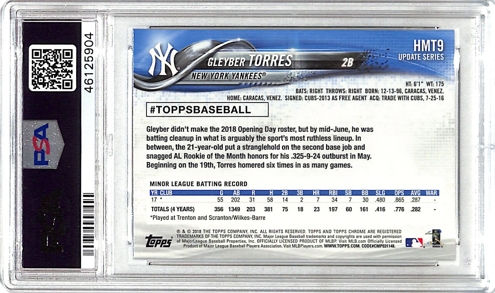 2018 Topps Chrome Update Gleyber Torres Rookie RC HMT9 PSA 10 Yankees