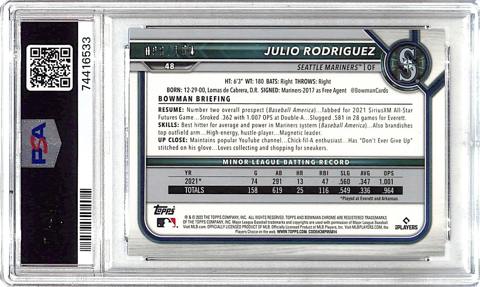 2022 Bowman Chrome Julio Rodriguez Rookie RC Blue Refractor /150 PSA 10 Mariners