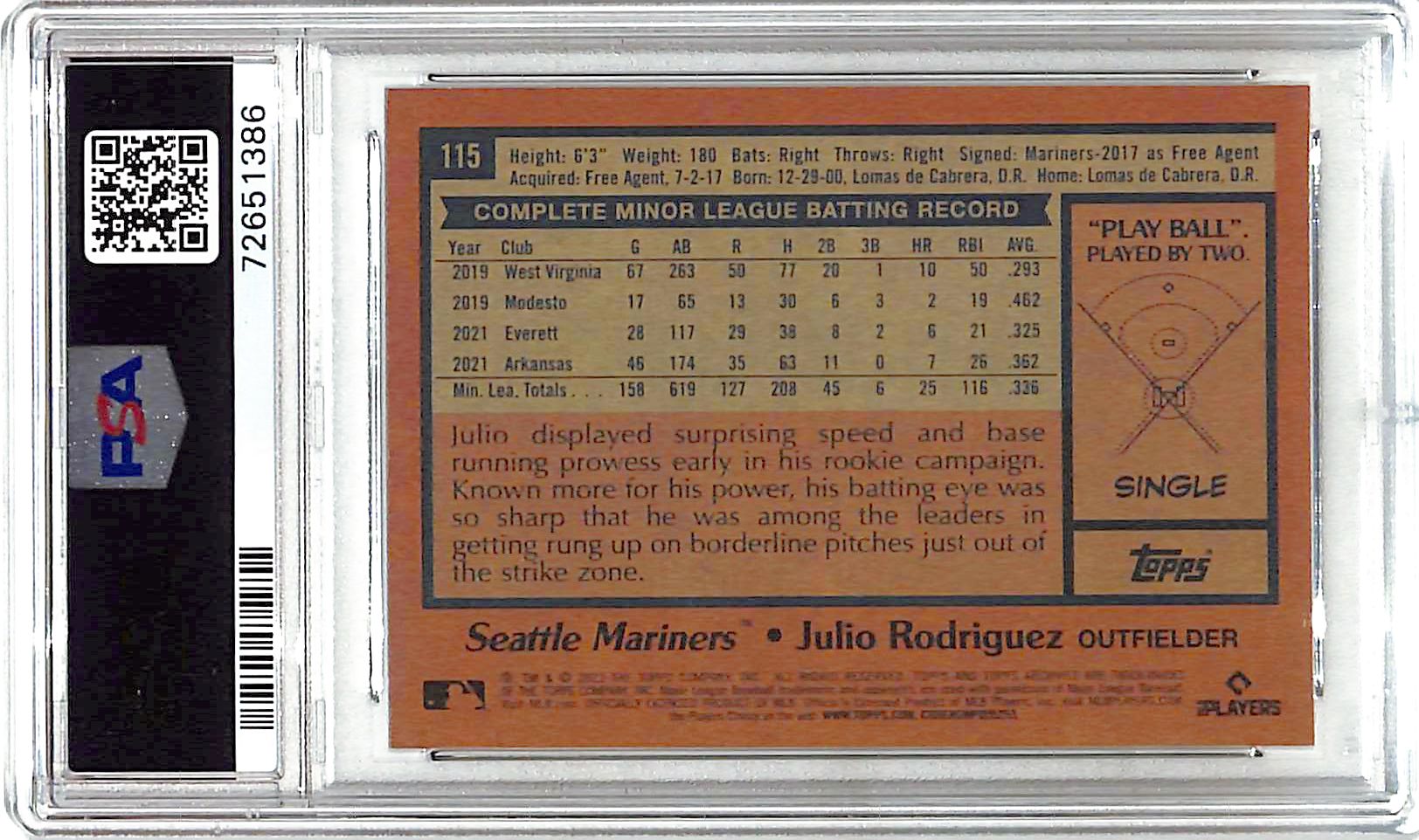 2022 Topps Archives Julio Rodriguez Rookie RC #115 PSA 10 Mariners