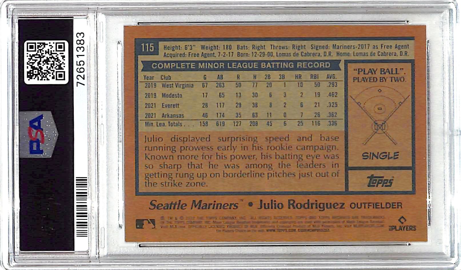 2022 Topps Archives Julio Rodriguez Rookie RC #115 PSA 10 Mariners