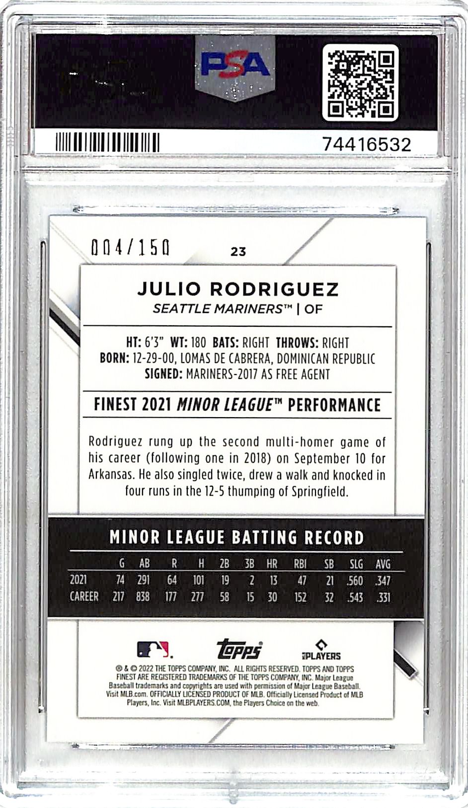 2022 Topps Finest Julio Rodriguez Rookie RC Blue Refractor /150 PSA 9 Mariners