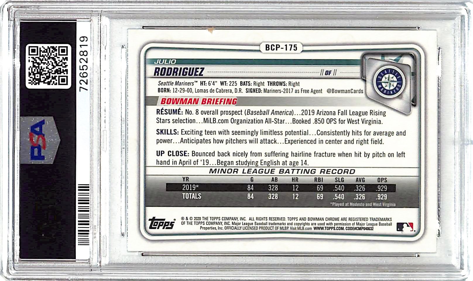 2020 Bowman Chrome Julio Rodriguez Rookie RC Prospect PSA 10 Mariners