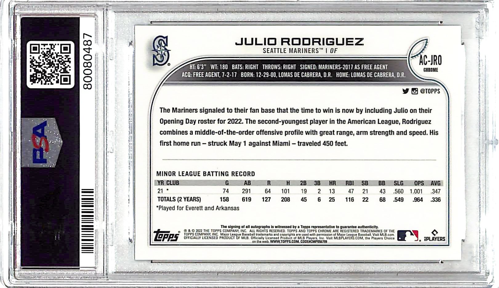 2022 Topps Chrome Update Julio Rodriguez Auto Autograph Rookie RC PSA 10 Mariners