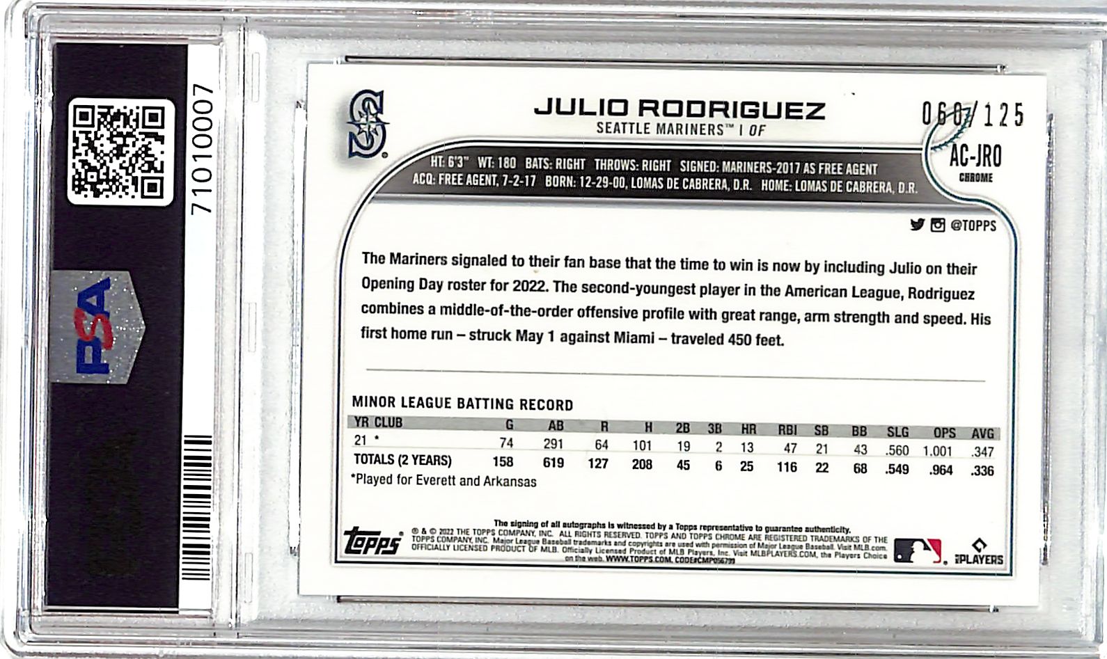 2022 Topps Chrome Update Julio Rodriguez Auto Autograph Rookie RC Xfractor /125 PSA 10 Mariners