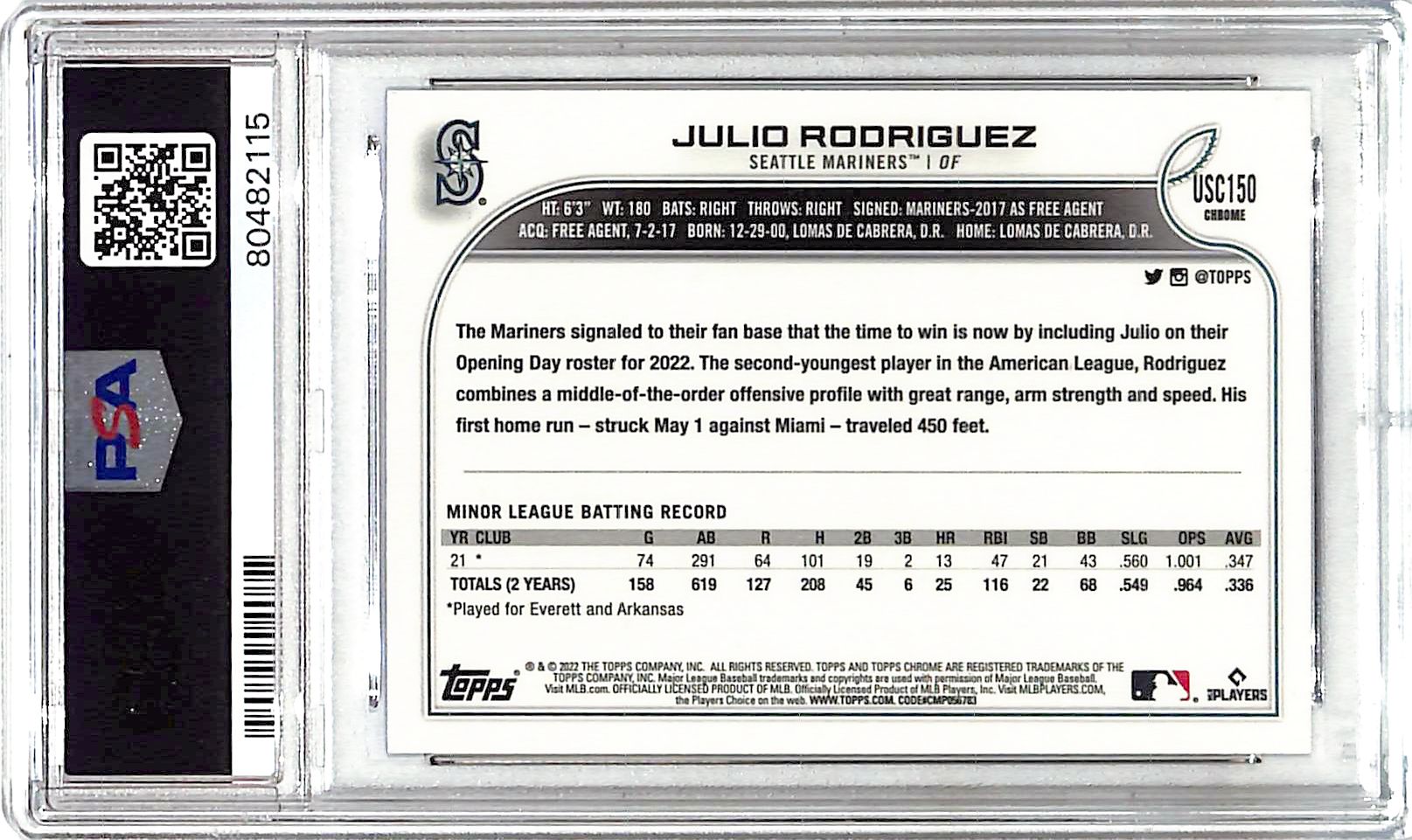 2022 Topps Chrome Update Julio Rodriguez Rookie RC Purple Refractor PSA 9 Mariners