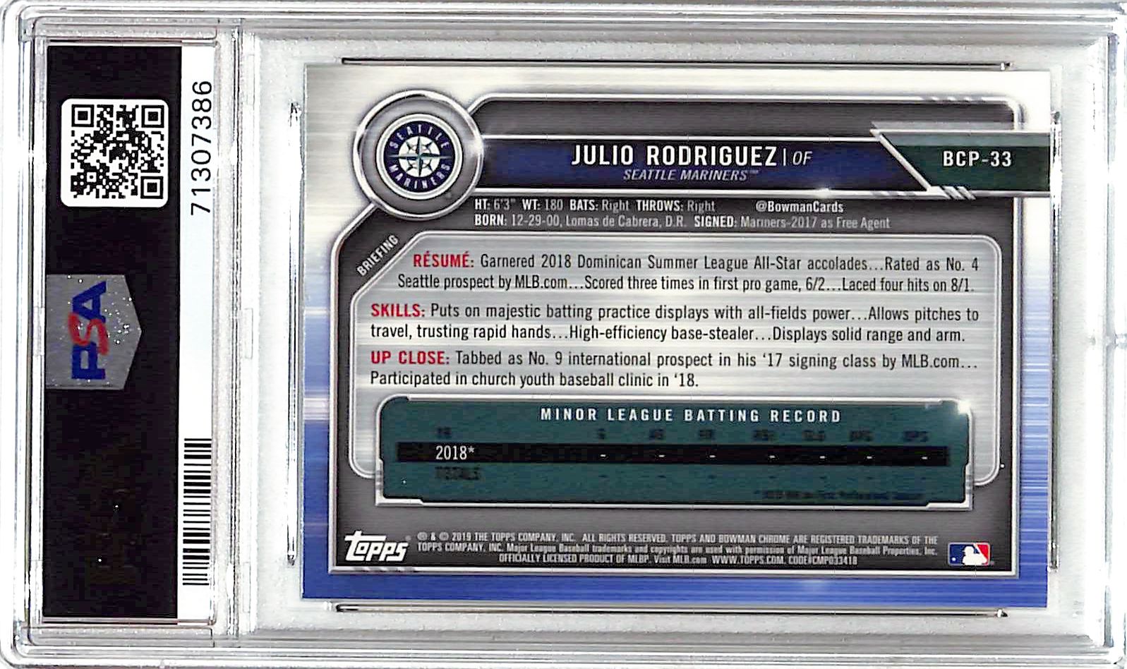 2019 Bowman Chrome Julio Rodriguez Rookie RC Mega Box Mojo Refractor Prospect PSA 10 Mariners