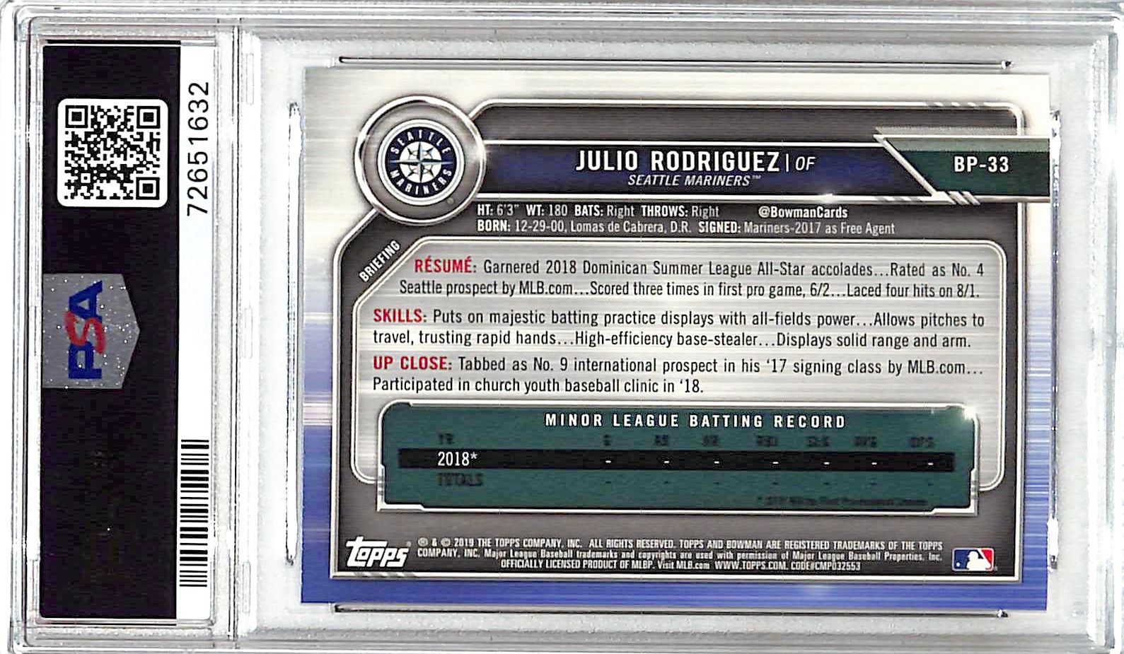 2019 Bowman Julio Rodriguez Rookie RC Prospect PSA 10 Mariners