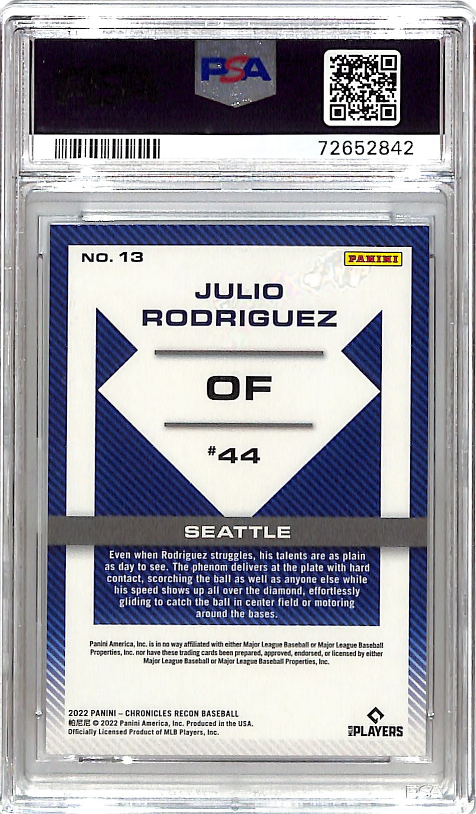 2022 Chronicles Julio Rodriguez Recon Rookie RC Purple /25 PSA 9 Mariners