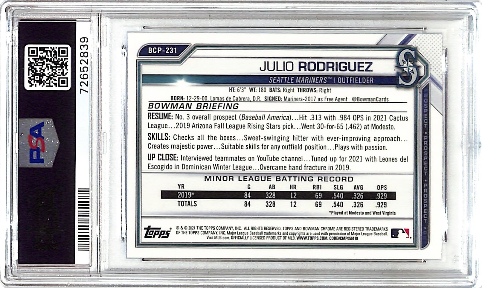 2021 Bowman Chrome Sapphire Julio Rodriguez Rookie RC Prospect PSA 10 Mariners