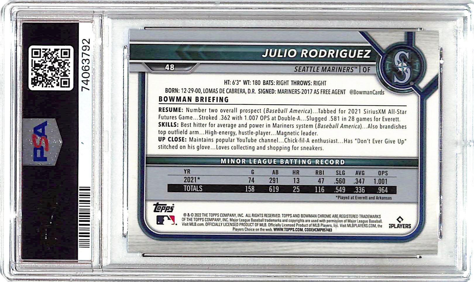 2022 Bowman Chrome Sapphire Julio Rodriguez Rookie RC PSA 10 Mariners