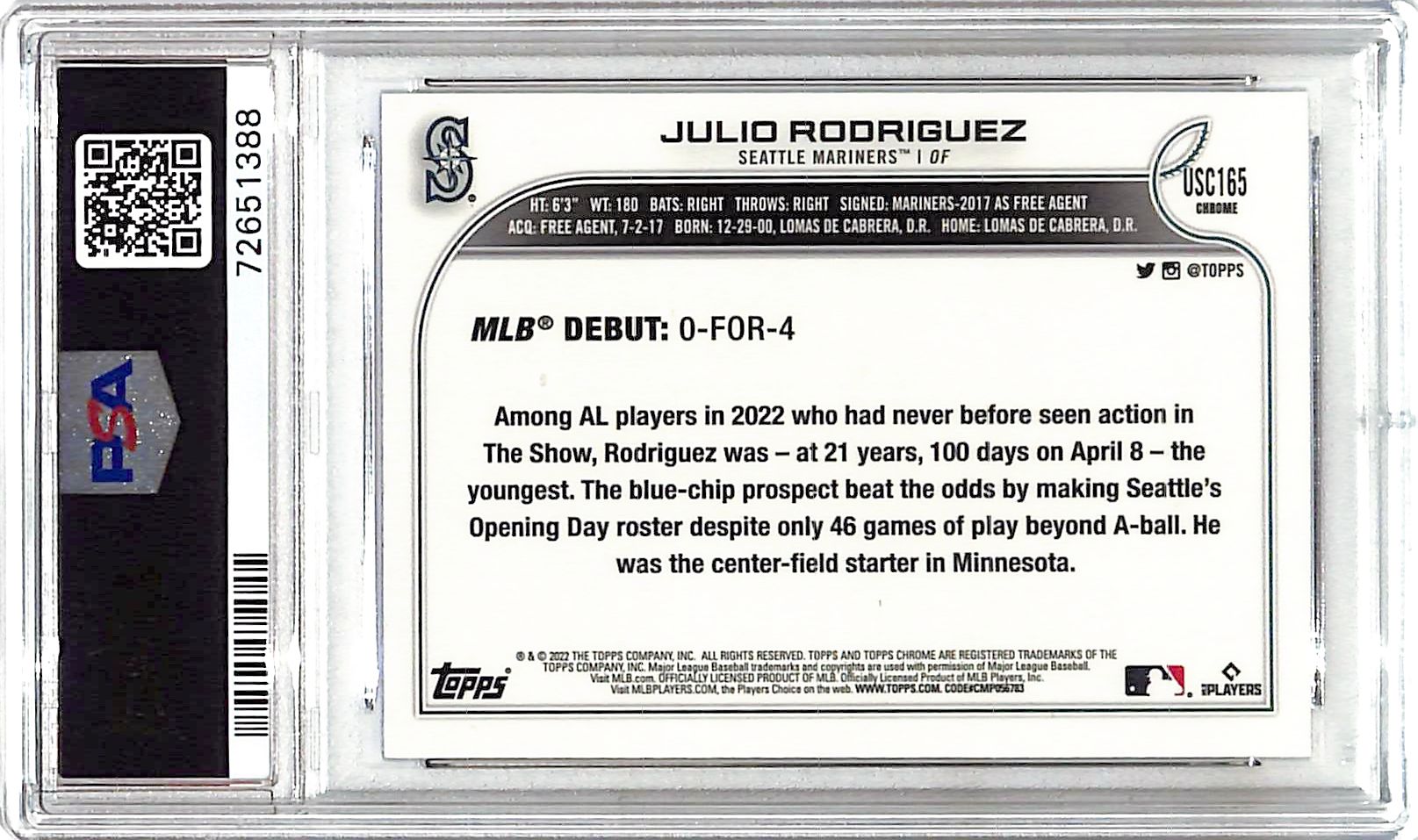 2022 Topps Chrome Update Julio Rodriguez Rookie RC Purple Refractor PSA 10 Mariners