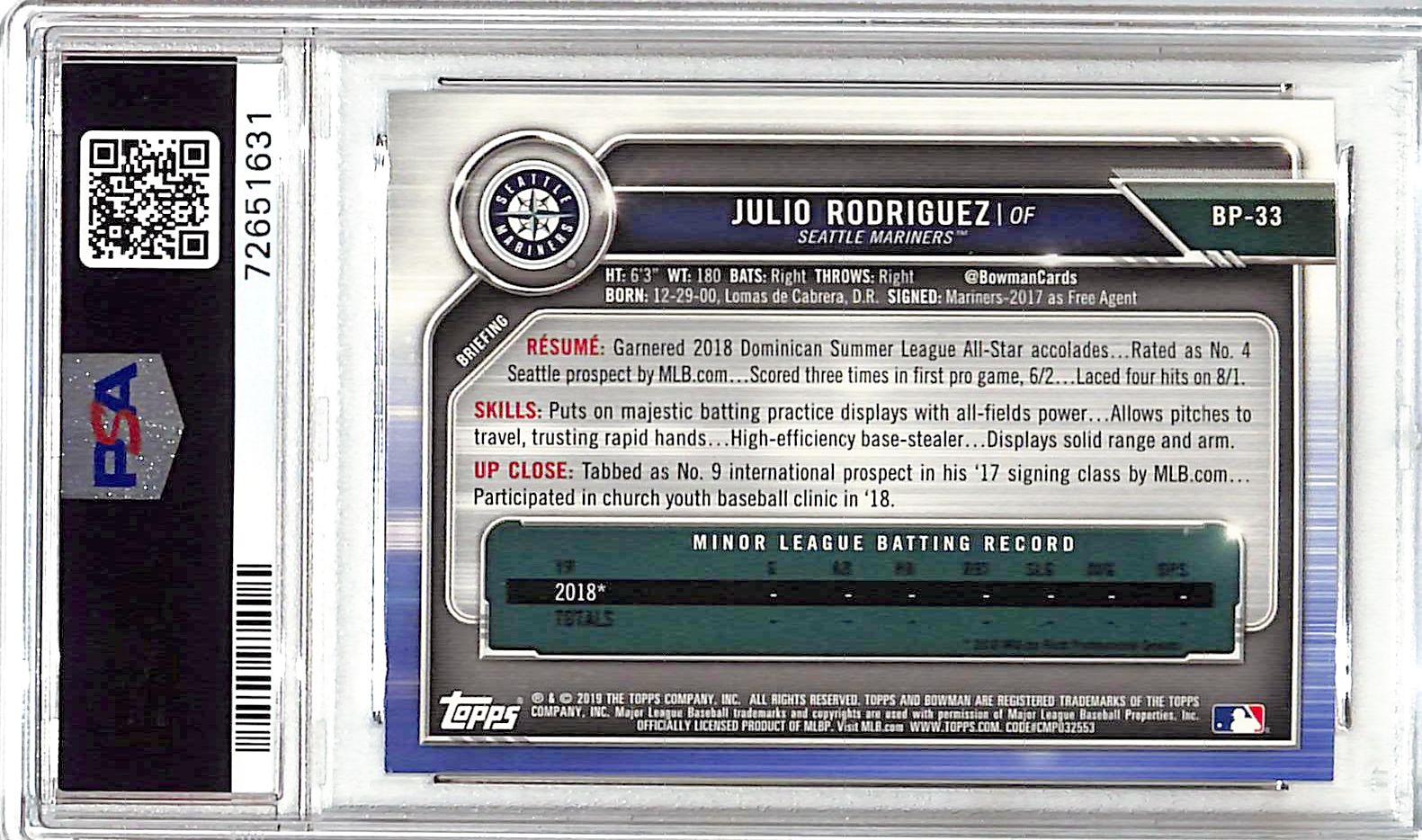 2019 Bowman Julio Rodriguez Rookie RC Prospect PSA 9 Mariners