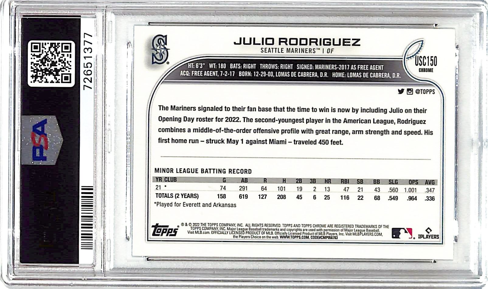 2022 Topps Chrome Update Julio Rodriguez Rookie RC USC150 PSA 10 Mariners