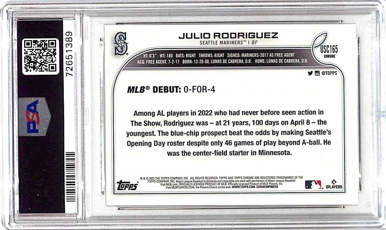 2022 Topps Chrome Update Julio Rodriguez Rookie RC USC165 PSA 10 Mariners