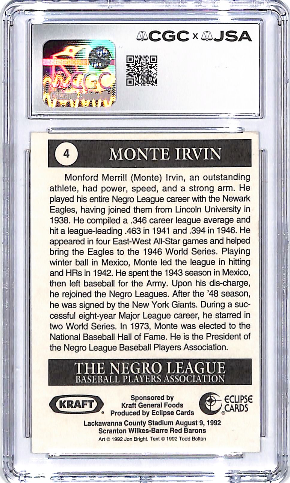 1992 Eclipse Metro League BPA Clapp Monte Irvin Auto Autograph CGC Authentic
