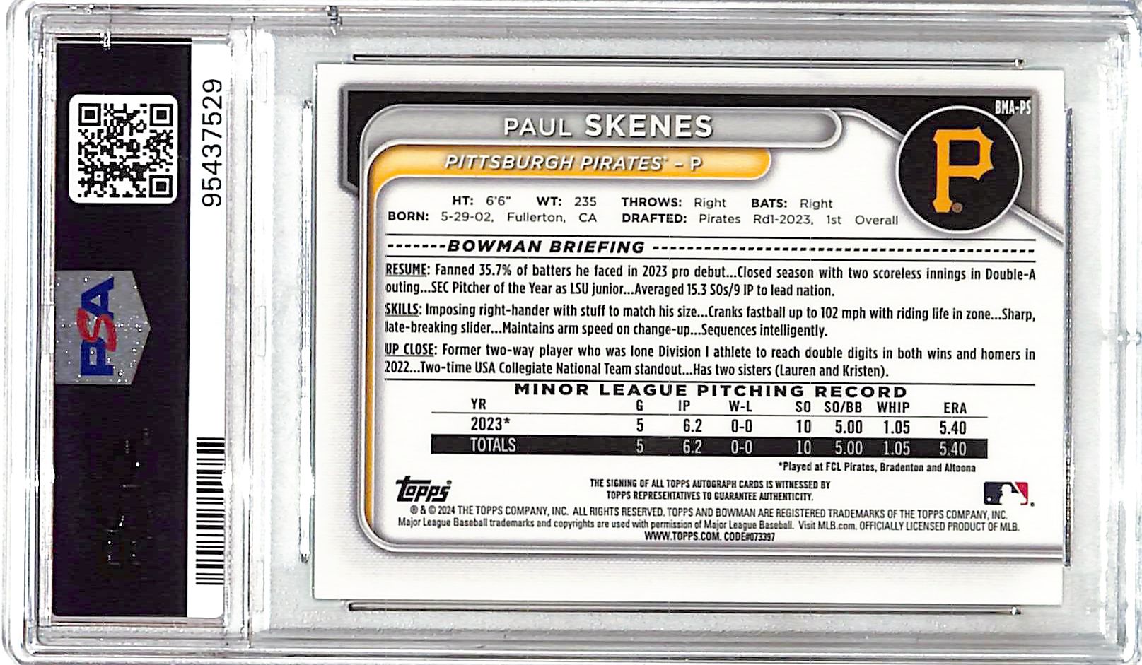 2024 Bowman Chrome Paul Skenes Auto Autograph Rookie RC Mega Box Mojo Green /99 PSA 10
