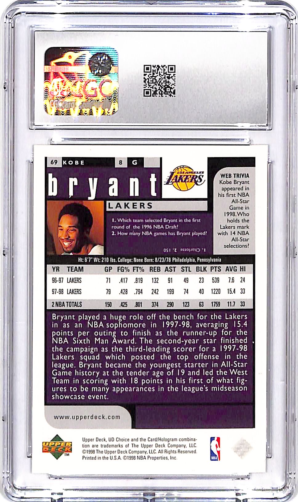 1998-99 UD Choice Kobe Bryant #69 CGC 9.5 Lakers