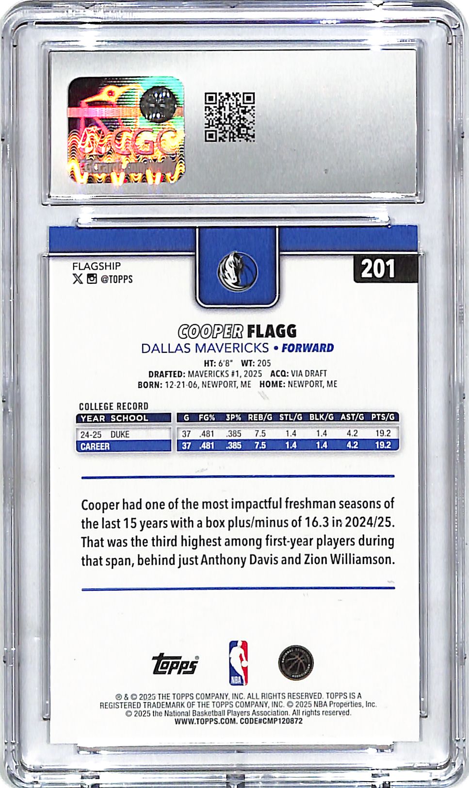 2025-26 Topps Cooper Flagg Rookie RC #201 CGC 10 Mavericks