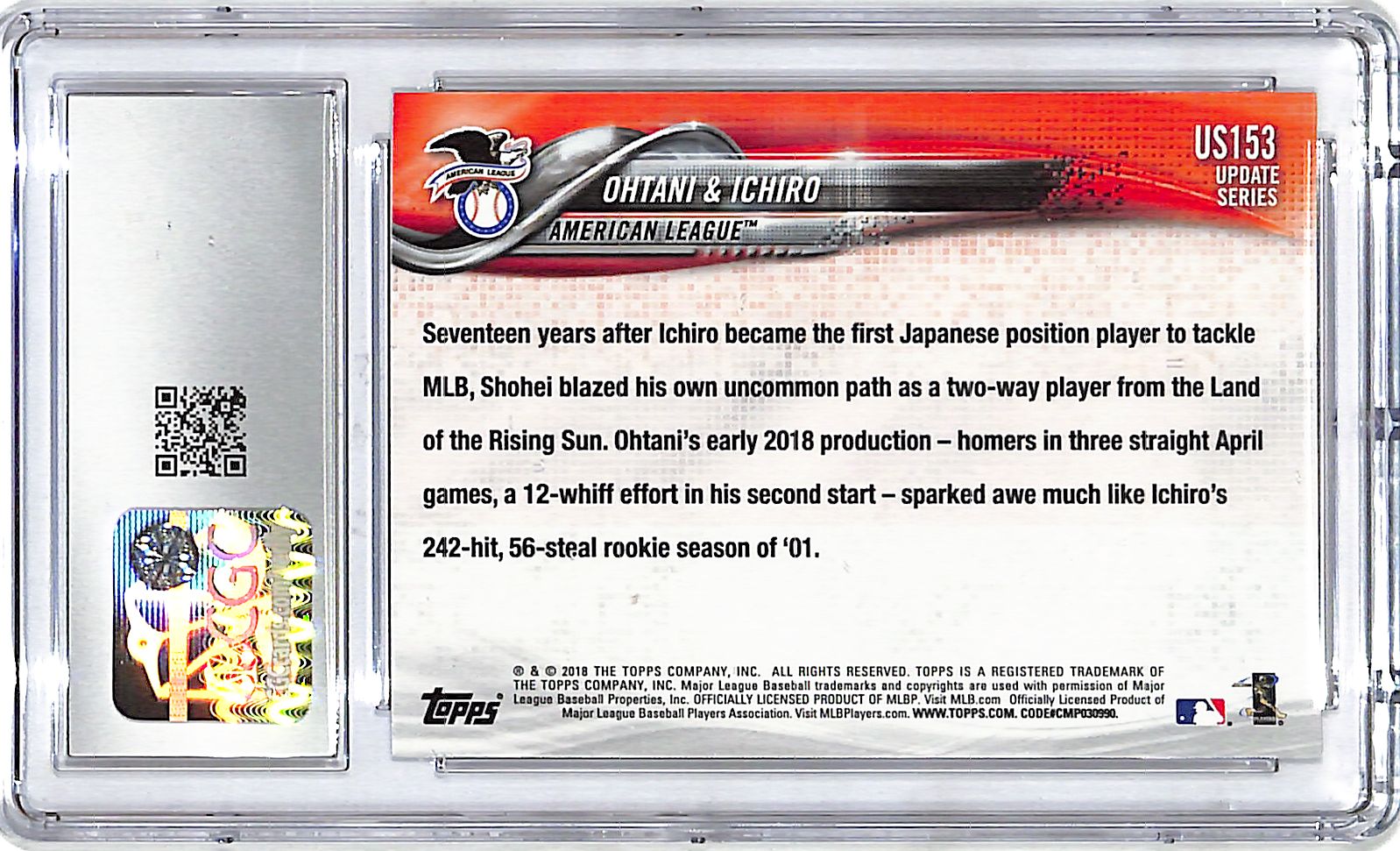 2018 Topps Update Shohei Ohtani Ichiro Japan's Finest Rookie RC CGC 10