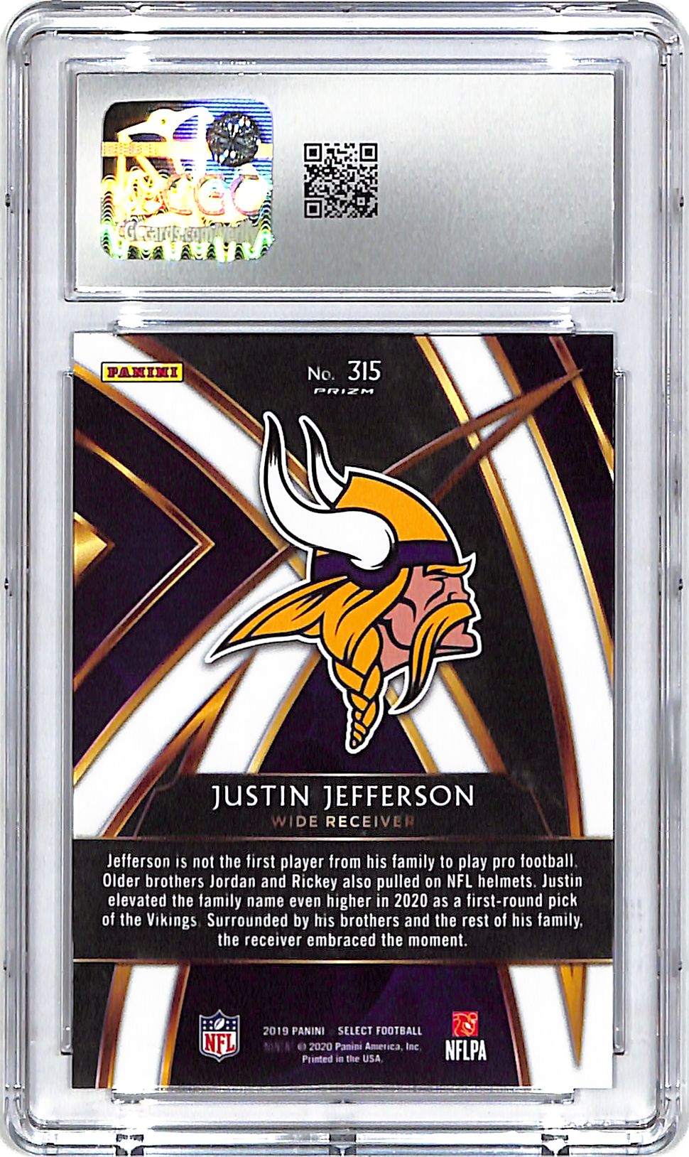 2020 Select Justin Jefferson Rookie RC XRC #315 CGC 10 Vikings