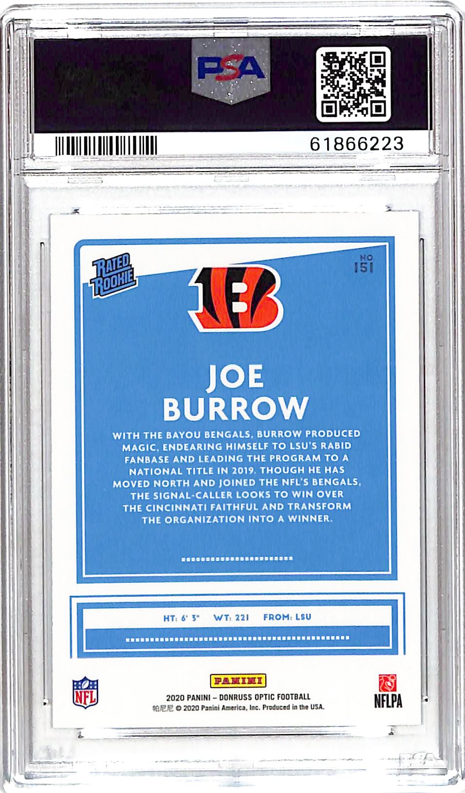 2020 Donruss Optic Joe Burrow Rated Rookie RC #151 PSA 10 Bengals