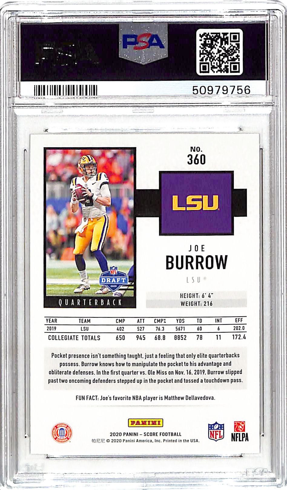 2020 Score Joe Burrow Rookie RC Gold Zone /50 PSA 9 Bengals