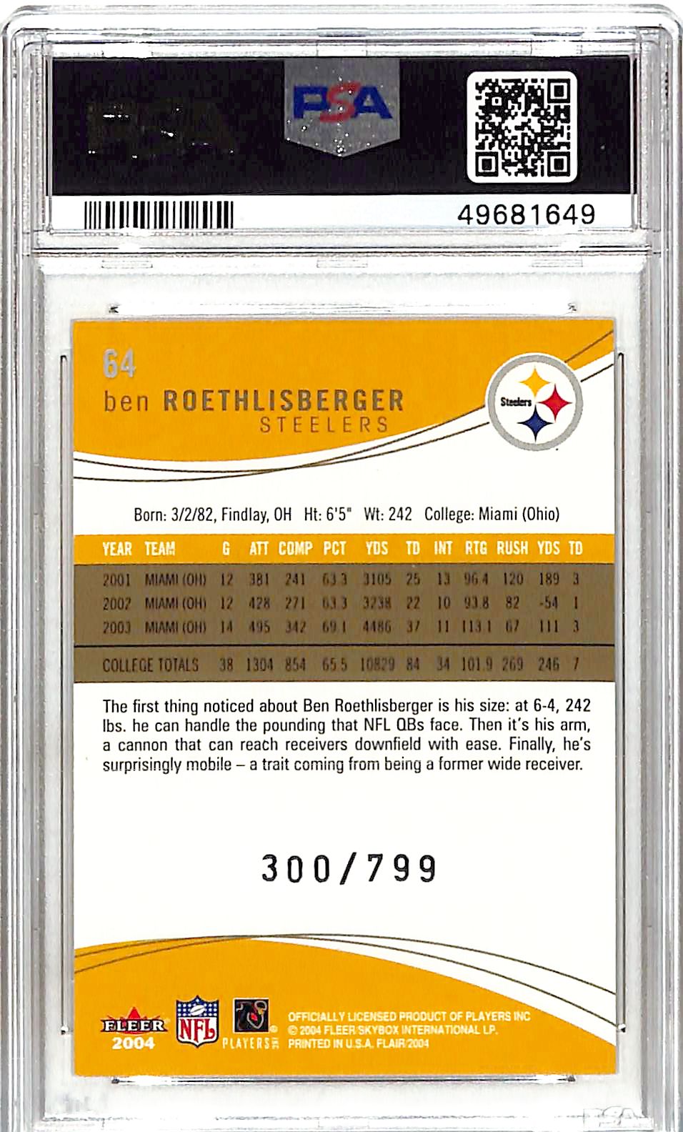 2004 Flair Ben Roethlisberger Rookie RC /799 PSA 8 Steelers