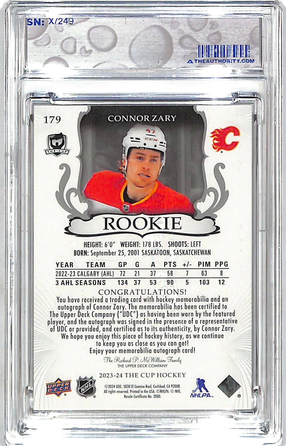 2023-24 Upper Deck The Cup Connor Zary Auto Autograph Rookie RC Patch Jersey RPA /249