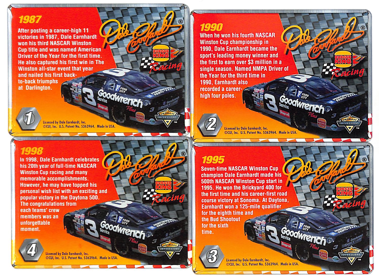 1998 Dale Earnhardt Burger King ALL-Metal Collectors Cards #1-4 Sealed Packs