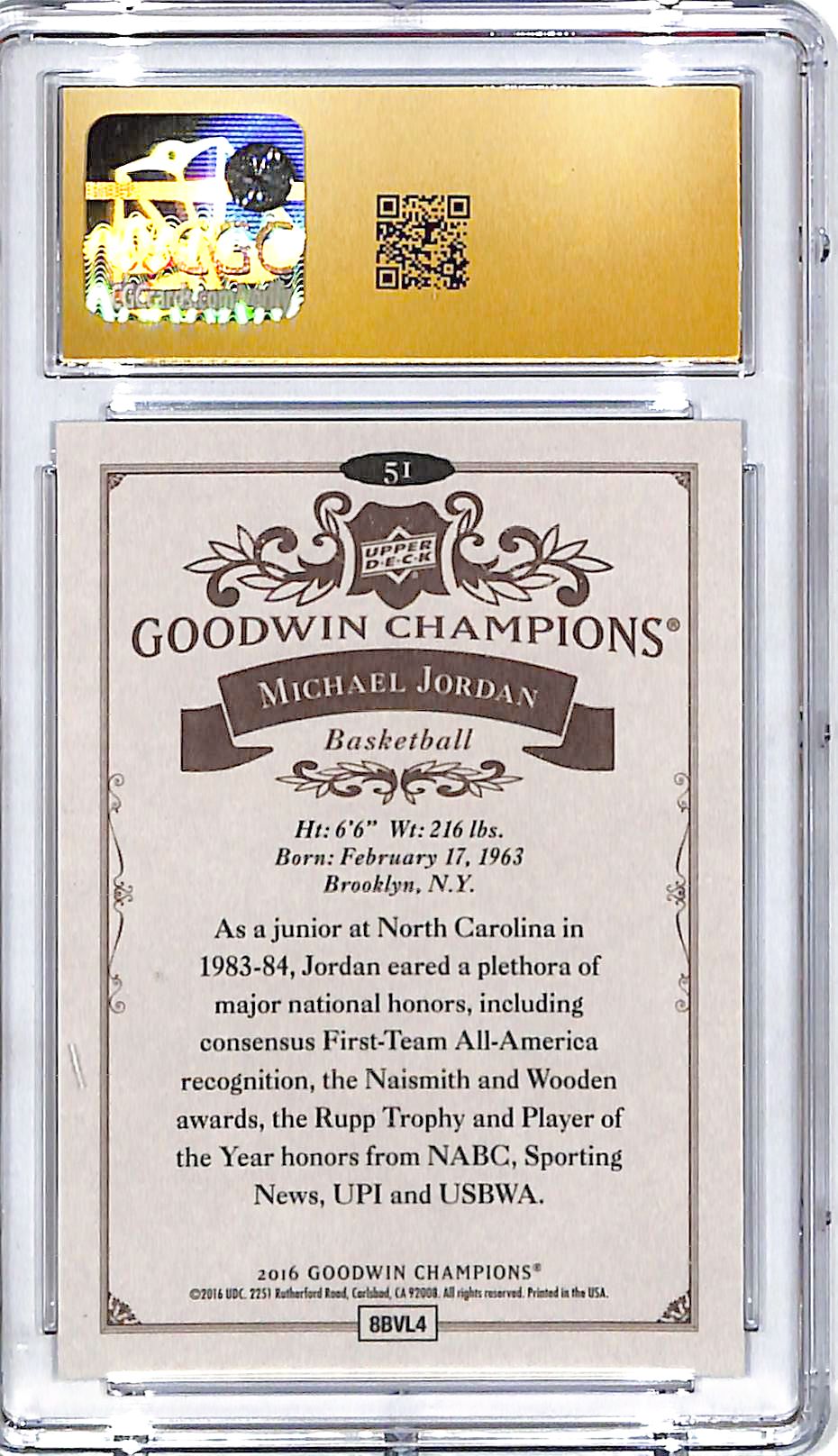 2016 Upper Deck Goodwin Champions Michael Jordan #51 CGC 10 Pristine Bulls