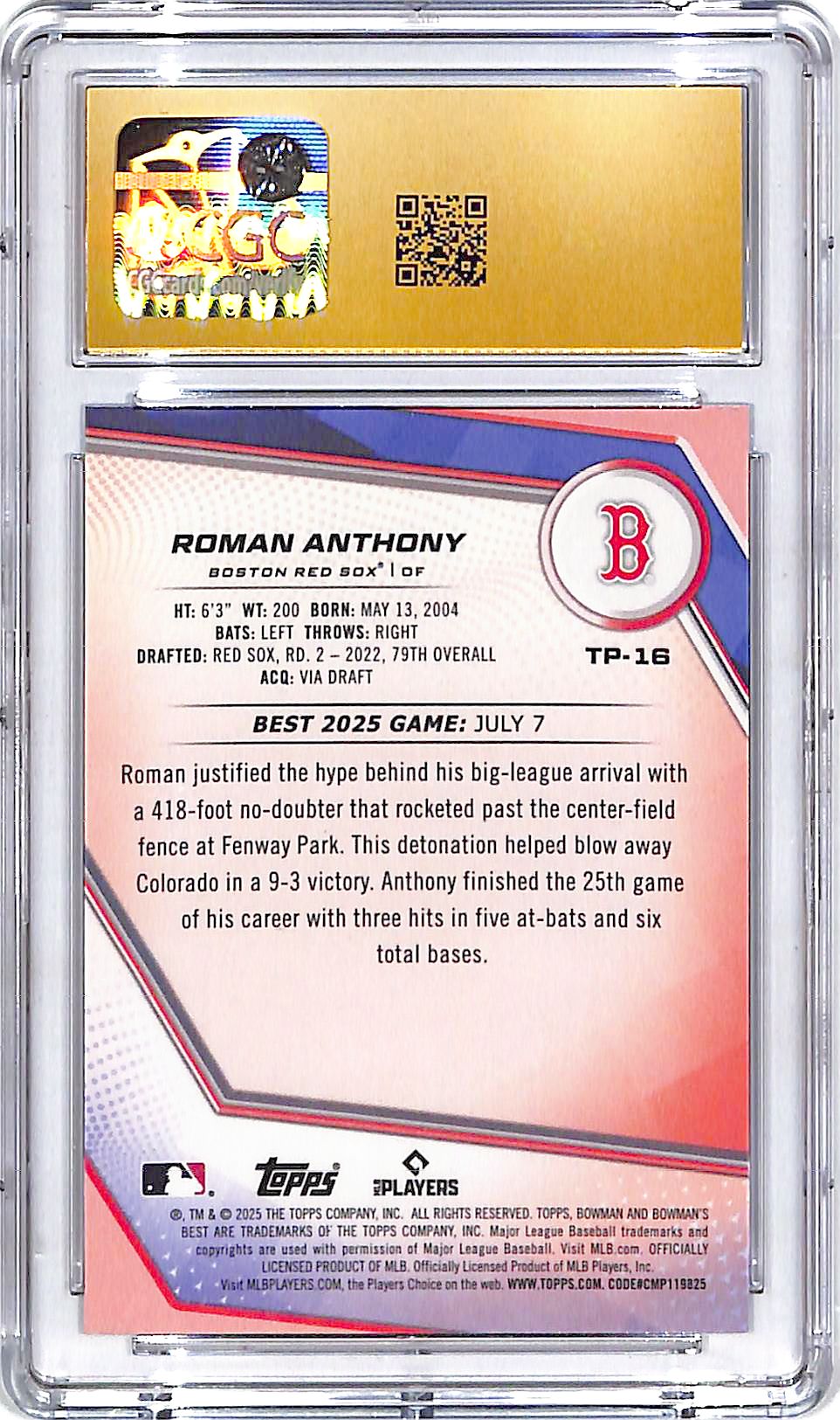 2025 Bowmans Best Roman Anthony Top Prospect Rookie RC Wave Refractor CGC 10 Pristine Red Sox