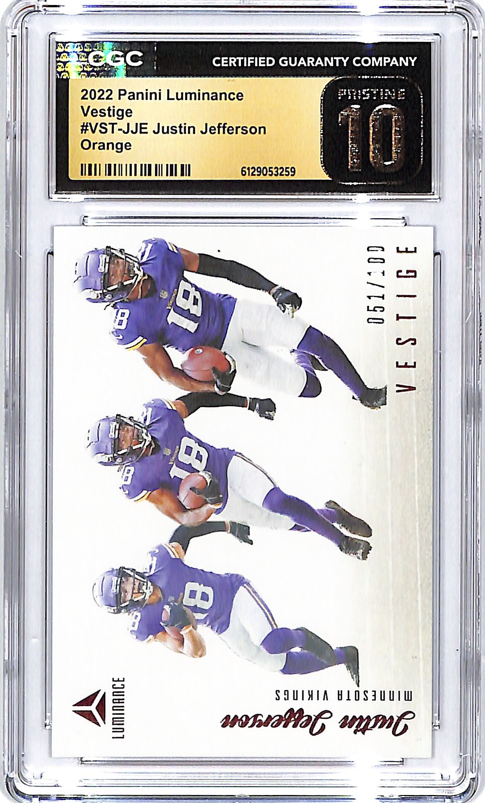 2022 Luminance Justin Jefferson Vestige Orange /100 CGC 10 Pristine Vikings