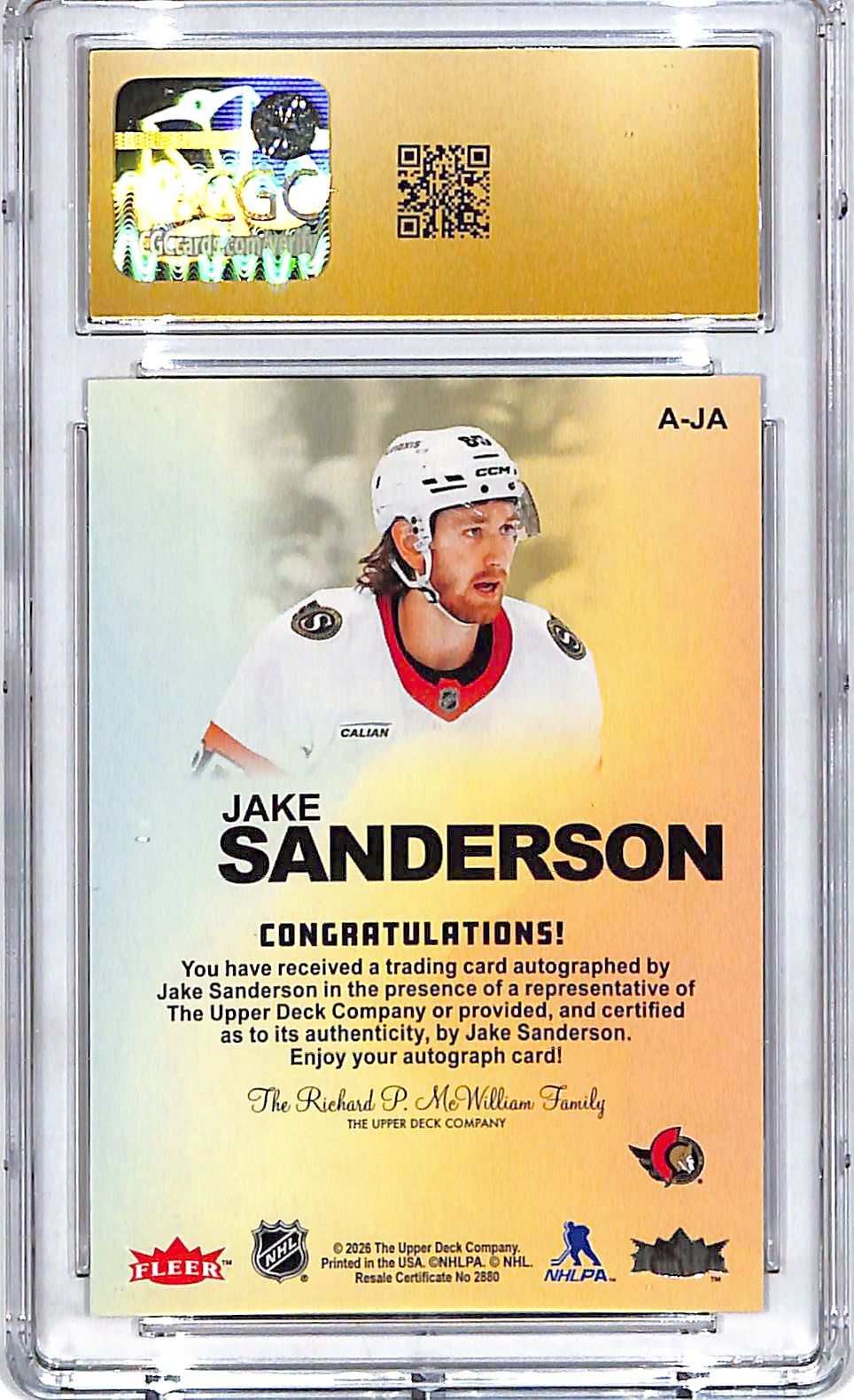 2025-26 Flair Jake Sanderson Autographics Auto CGC 10 Pristine Senators