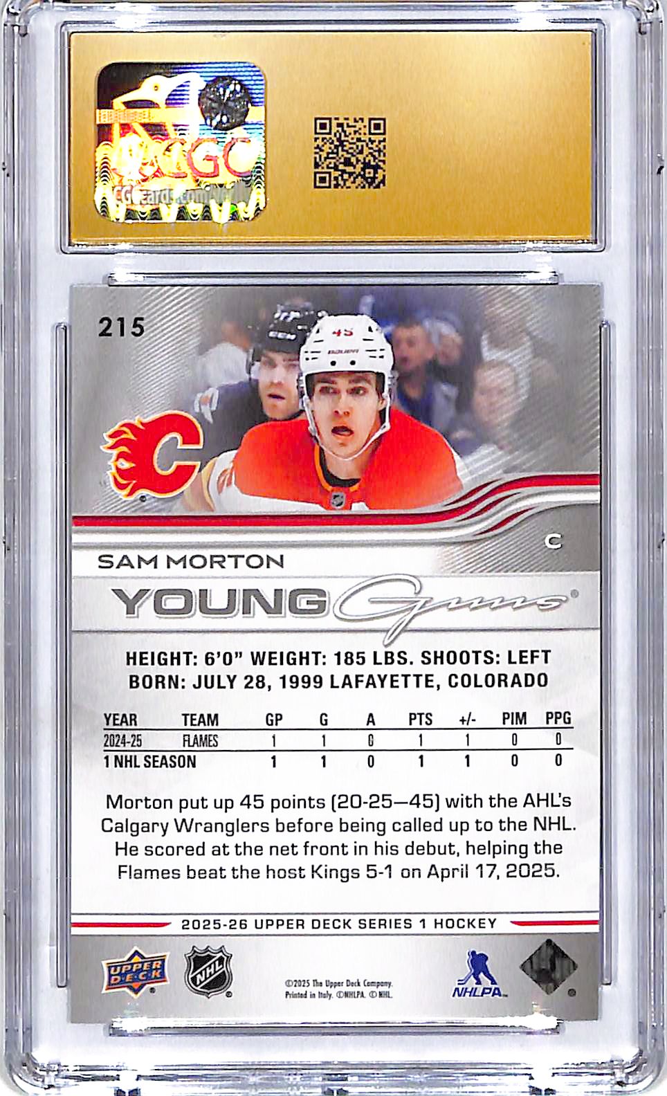 2025-26 Upper Deck Sam Morton Young Guns Rookie RC #215 CGC 10 Pristine Flames