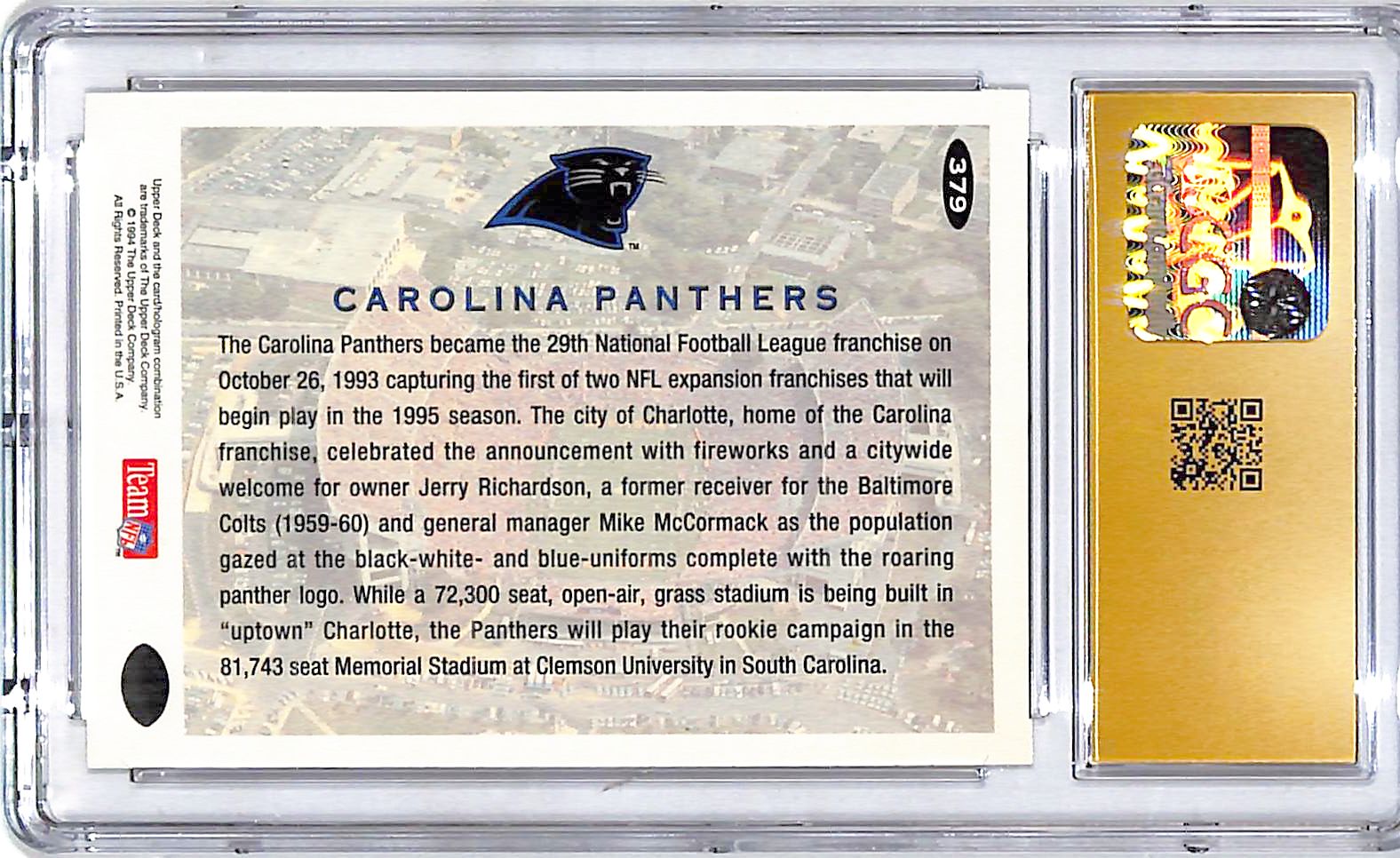 1994 Collectors Choice Carolina Panthers Logo #379 CGC 10 Pristine